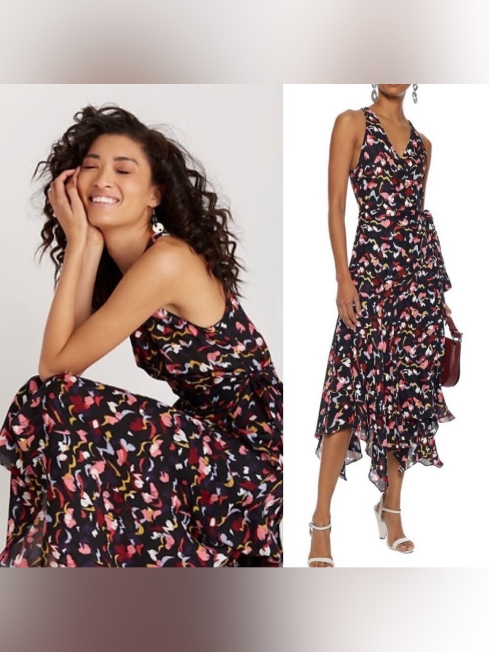 A.L.C. Roslyn 100% Silk Abstract Printed Asymmetric Shark Bite Wrap Midi Dress